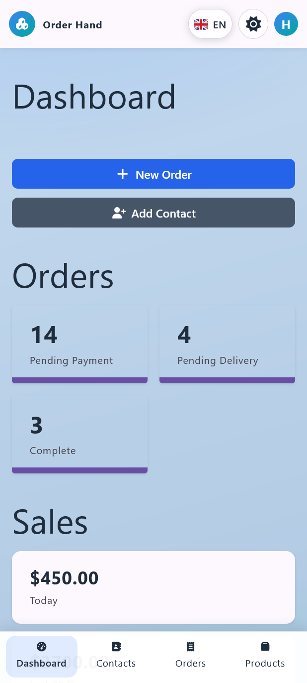 Order Hand dashboard on a mobile device